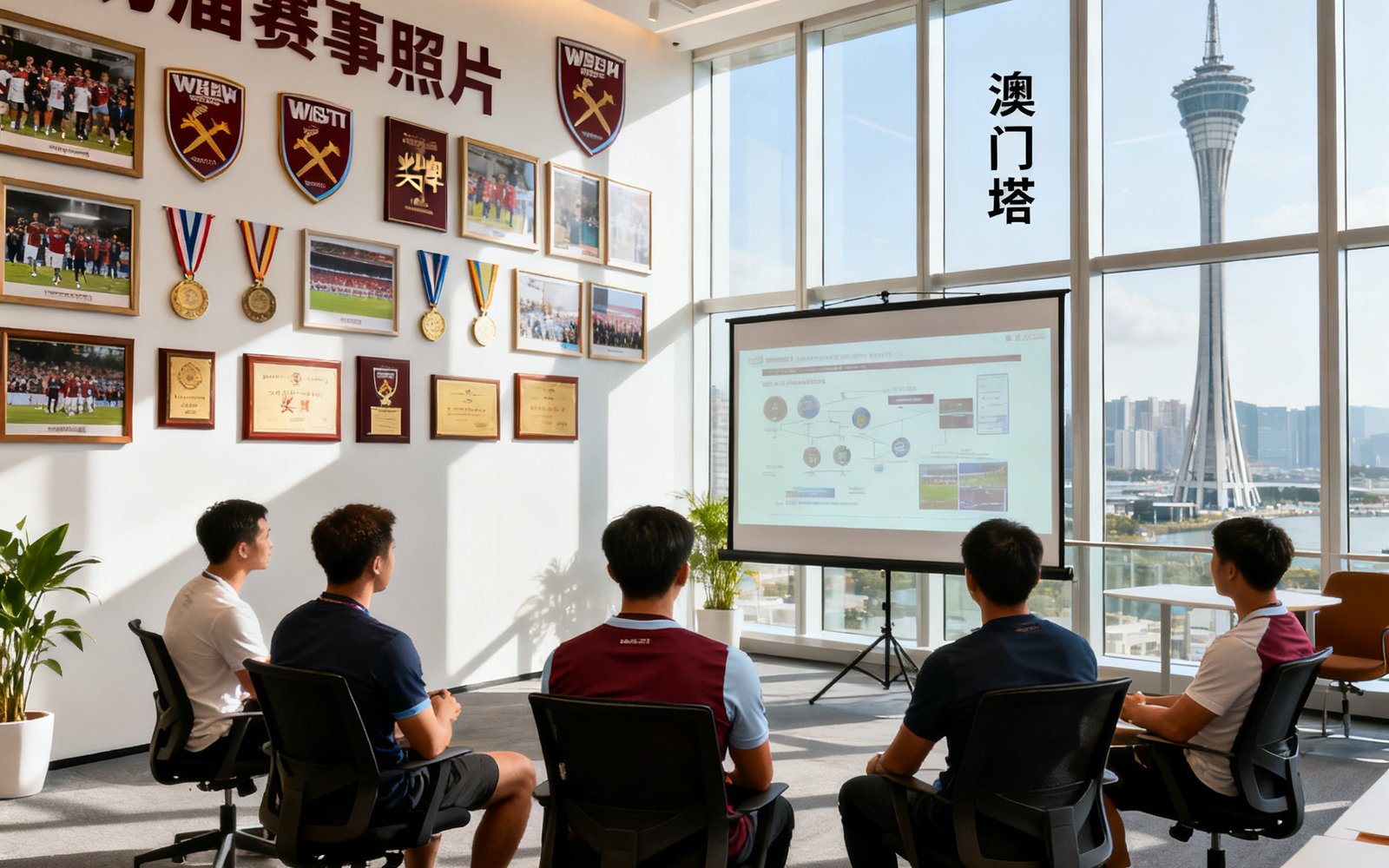必威西汉姆联澳门总部开放式办公区，墙上挂满历届赛事照片和奖牌，团队成员围坐在投影屏幕前讨论赛事方案，窗外可见澳门塔