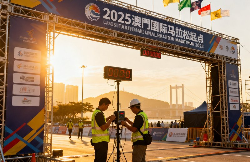 2025澳门国际马拉松起点拱门搭建现场，工人在阳光下调试计时设备，彩色旗帜迎风飘扬